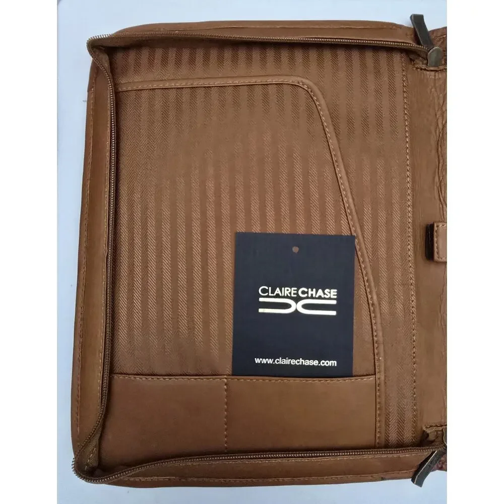 Claire Chase Zippered Leather Document Holder Notebook Folio Tan 12.75
